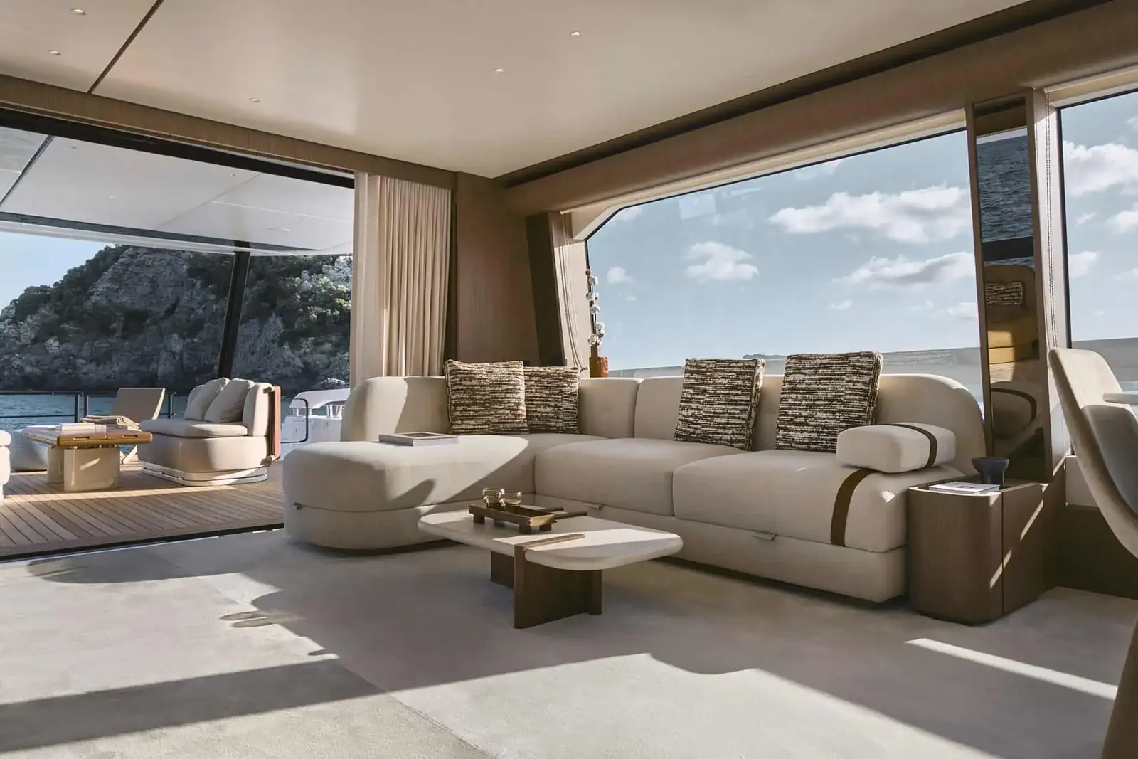 Warm and refined interior aboard Aqualis